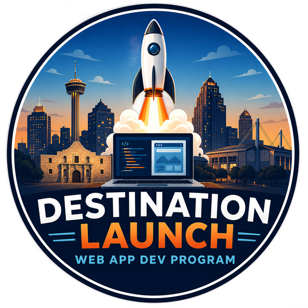 Destination Launch San Antonio Web App Development Program logo — rocket launching from laptop with San Antonio skyline and Alamo